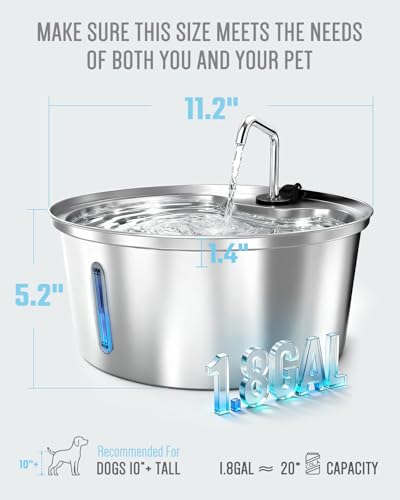 Dog Water Fountain Stainless Steel, 7L/1.8Gal Pet Fountain Water Bowl with Multi-Filtration & Deeper Drinking Aera, Large Cat Water Fountain with Water Window & LED (2 Filters 1 Fountain)