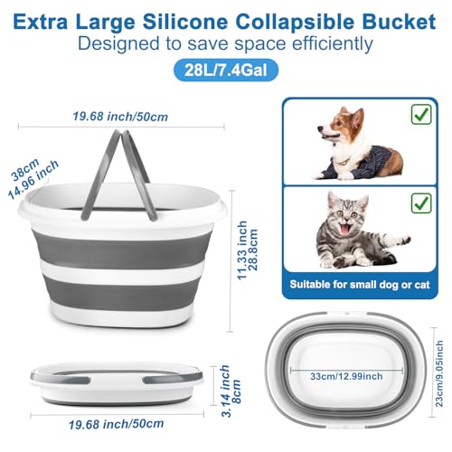 28L Large Collapsible Mop Bucket with Handle for Cleaning, Silicone Portable Pet Bathtub for Puppy Small Dogs Cats, Foldable Laundry Basket Hamper Clothes Storage Bin Space Saving Design for RV
