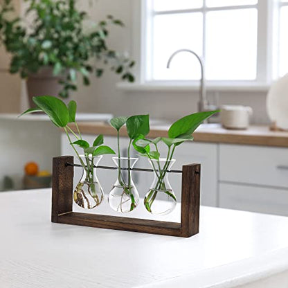 YIBOT Wall Hanging Planter Plant Propagation Stations Glass Flower Vase | Plant Terrarium with Wooden Stand,Gifts for Plant Lovers,Bathroom, Home Office Living Room Decor - size: 3Vase-M