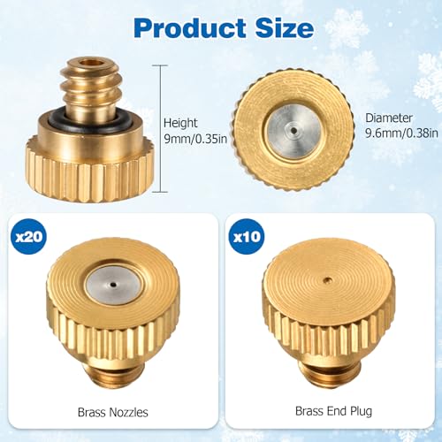 20 Pack Brass Misting Nozzles with 10 Pack Brass End Plugs, 0.02"/0.4mm Orifice 10/24 UNC Thread Replacement Misting Heads for Outdoor Cooling System, Ideal for Patio, Horse Barn, Dust Control