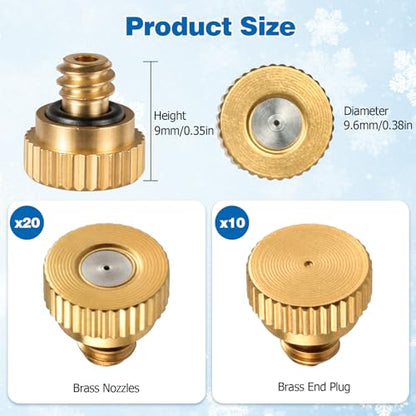 20 Pack Brass Misting Nozzles with 10 Pack Brass End Plugs, 0.02"/0.4mm Orifice 10/24 UNC Thread Replacement Misting Heads for Outdoor Cooling System, Ideal for Patio, Horse Barn, Dust Control