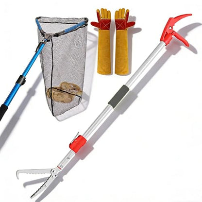 60 "Snake Tongs Collapsible Grabber, Specially used as a Tool for Capturing Reptiles. Wide-Mouth Operation Tool, Stainless Steel Snake Hook, including Animal Handling Gloves and Snake Capture Net