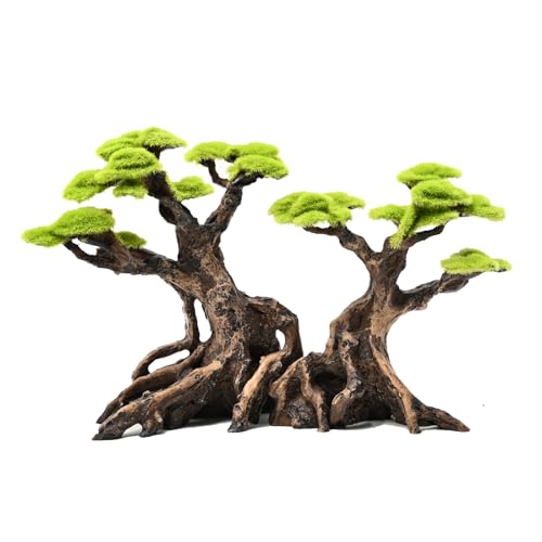 Fish Tank Decor Aquarium Bonsai Tree Resin Ornament with Faux Moss Aquascaping Decoration Artificial Landscape Centerpiece Safe & Fade-Resistant for Betta Shrimp Goldfish