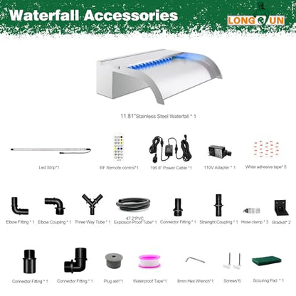 Waterfall Pool Fountain, LONGRUN Stainless Steel Waterfall Spillway for Pools and Ponds - 11.8" Wide Decorative Water Feature for Swimming Pools, Koi Ponds, and Garden - size: 11.8 inch Stainless Steel(Curved)
