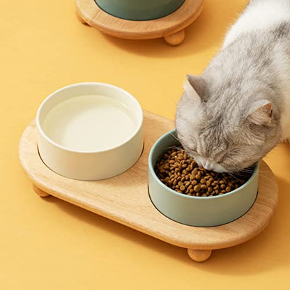 Havniva Raised Cat Bowl, 6.1” Elevated Ceramic Cat Food and Water Bowl Set | Cat Bowls Elevated, Whisker Friendly Cat Bowl, Non-Slip Wood Stand, Food-Grade Ceramic, Wide Opening, Dishwasher Safe - color: Light Green, size: 2 Bowls+Tray - 6.1"