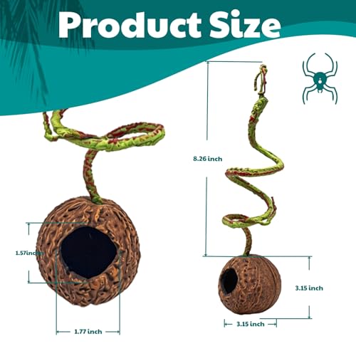 Resin Reptile Hide with Bendable Vine - Coconut Cave for Jumping Spiders, Tarantulas & Small Geckos - Terrarium Decor for Molting & Enrichment (3.4"x3.4"x7.9")