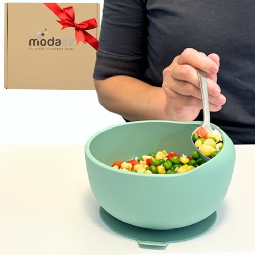 Modaliv Adaptive Silicone Scooper Bowl with Suction Base, Sage Green | Non-Slip Feeding Bowl with Raised Lip for Adults & Seniors with Parkinson's, Tremors & Limited Mobility