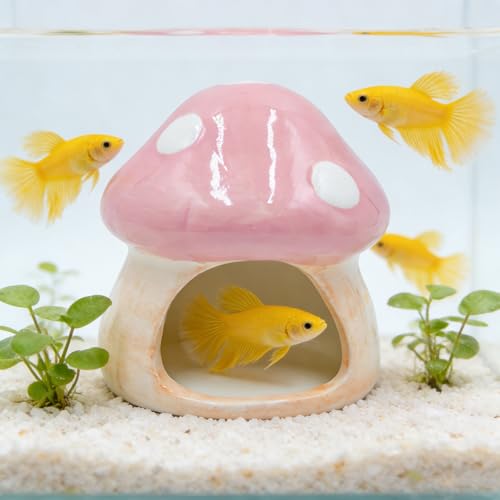 Ceramic Fish Tank Ornament & Hiding Cave, Aquarium Shelter Decor, Cute Mushroom House Style for Betta Fish, Goldfish, Shrimp, Hermit Crab and Reptiles (Pink)