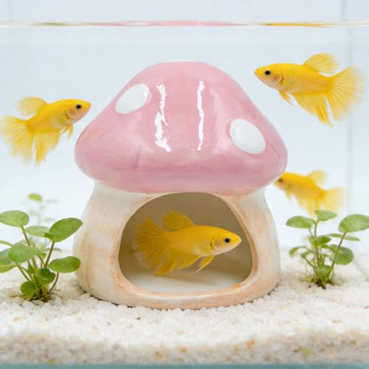 Ceramic Fish Tank Ornament & Hiding Cave, Aquarium Shelter Decor, Cute Mushroom House Style for Betta Fish, Goldfish, Shrimp, Hermit Crab and Reptiles (Pink)