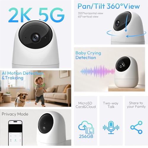 Rraycom 2.5K Indoor Security Camera, 5G/2.4G WiFi, Pet & Baby Monitor | 360° PTZ, Motion Detection & Tracking,Human/Motion/Sound Detection,2-Way Talk, Night Vision, Works/Alexa,SD/Cloud - size: 1Pack
