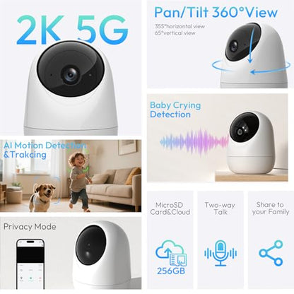 Rraycom 2.5K Indoor Security Camera, 5G/2.4G WiFi, Pet & Baby Monitor | 360° PTZ, Motion Detection & Tracking,Human/Motion/Sound Detection,2-Way Talk, Night Vision, Works/Alexa,SD/Cloud - size: 1Pack