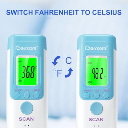 Berrcom Infrared Forehead Thermometer for Adults and Kids | Non-contact digital thermometer with fever alert, LCD, touchless for home, fast & accurate - color: Light Blue