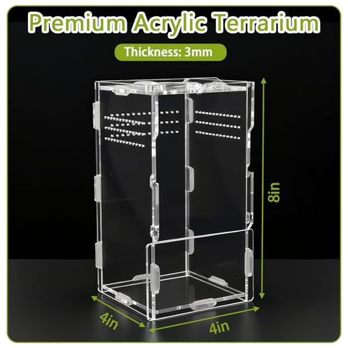 4x4x8 Inch Acrylic Reptile Terrarium，Front Opening Tarantula Enclosure with Swivel Lock & Magnetic Feeding Door，Small Spider Cage for Jumping Spider、Scorpion、Isopods、Snails