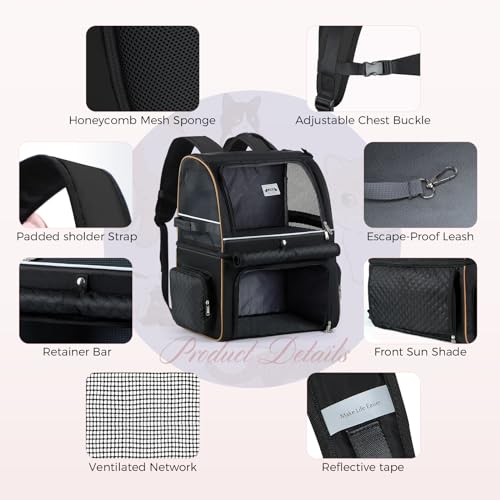 Double Cat Backpack Carrier for 2 Cats, Double-Compartment Pet Carrier Backpack for Two Small Cat or One Medium Cat, Cats Carrier Backpack Dog Carrier Backpack Fits Up to 24 Lbs,Black - color: Black