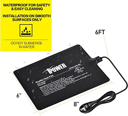 iPower Reptile Heat Pad Under Tank Terrarium Warmer Heating Mat for Turtle, Lizard, Frog, Snake, Reptile, and Other Small Animals, 6X8 Inch, 8W Black - size: 6 X 8 Inch, style: 1 Pack