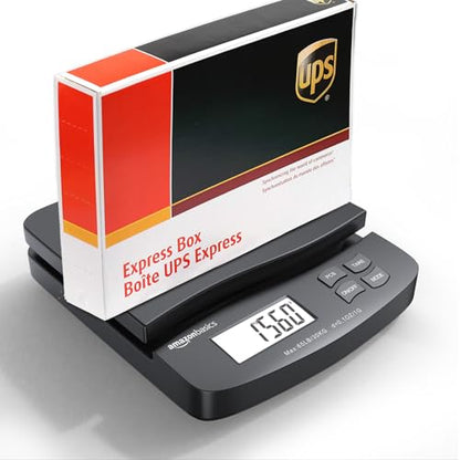 Amazon Basics Digital Postal Shipping Scale with Tare Function, AC Adapter, 65 lb Capacity, 0.1 oz Readability, LCD Display, Black - size: 65 pound