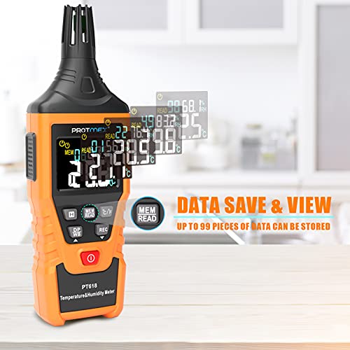 PT618 Temperature Humidity Meter - Wet Bulb for Indoor/Outdoor | Thermometer Hygrometer Monitor with Ambient, Dew Point, MIN, MAX, Data Hold, LCD Backlight - size: PT618