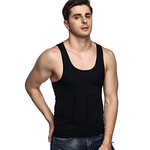 Odoland Men Compression Shirt 3 Pack Body Shaper Vest Tank Top | Nylon & Spandex, Moisture-wicking Tummy Shaper for Gym, Running, Daily, Breathable, Stretchy - color: Black/Black/White, size: Large