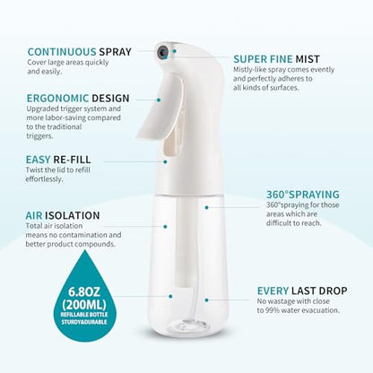TANSHINE Continuous Spray Bottle for Hair,Ultra Fine Mist Water Hair Spray Bottles,Mister Spray Bottle,Refillable Plastic Sprayer for Hairstyling, Cleaning,Alcohol, Plants, Salons,6.8oz/200ml,Clear - color: Clear