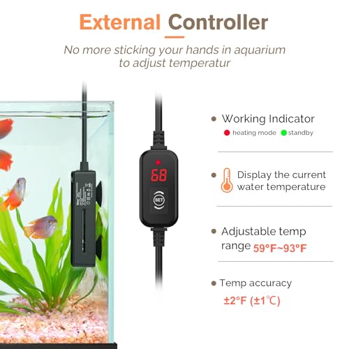 hygger Mini Fish Tank Submersible Heater 75W for 10-15 Gallons Small Betta Aquarium Heater with Digital Display Controller Adjustable Temperature - size: 75 Watt
