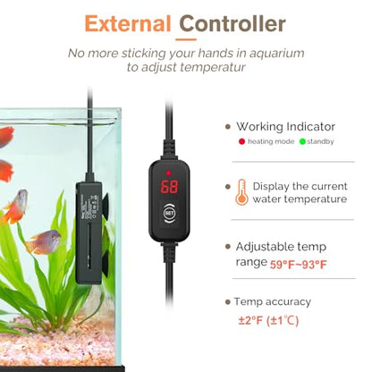 hygger Mini Fish Tank Submersible Heater 75W for 10-15 Gallons Small Betta Aquarium Heater with Digital Display Controller Adjustable Temperature - size: 75 Watt