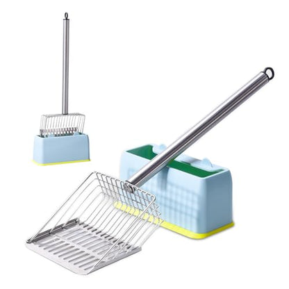 Metal Cat Litter Scoop with Holder Stainless Steel Kitten Poop Scooper, 17.5" Heavy Duty Pet Poop Sifter for Cat Box, Long Handle Large Waste Shovel, Fast Sifting Big Clumps, Solid & Durable