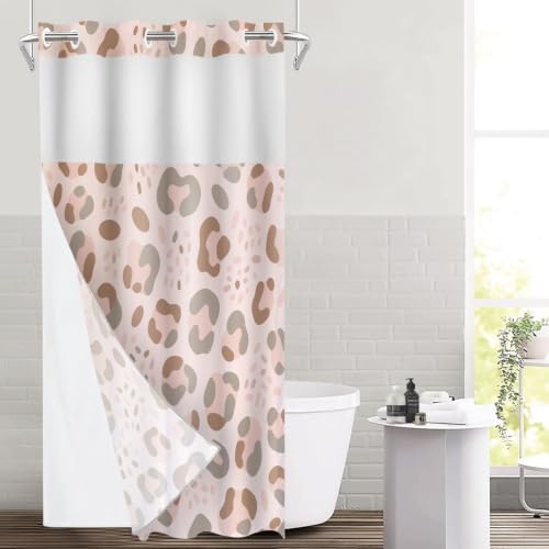 Satin Pink Leopard Print No Hooks Shower Curtain with Snap in Liner Set, Animal Nature Cat Wildlife Fur Polyester Shower Curtain for Stall Bathroom Waterproof 35.5X74 Inch - color: Animal Leopard Print Pink, size: 35.4"W x 74"L (Pack of 1)
