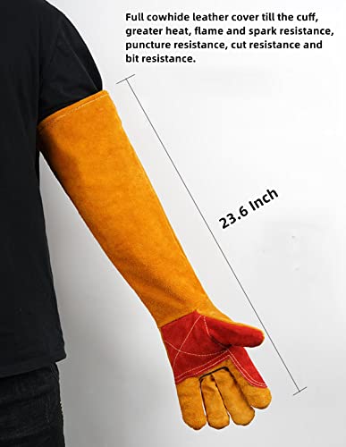 23.6 Inch Long Sleeves Leather Welding Gloves for Men, Heat Resistant Barbecue Stove Fire Gloves, Puncture Resistant Gloves for Garden and Animal Handling, Tool Gifts for Men Welders