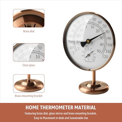 4" Indoor Thermometer & Humidity Gauge, Brass Dial with Stand | Room Analog Temperature & Humidity Monitor, Dual Scale Display, Battery-Free For House Home Desk Bedroom Garage RV