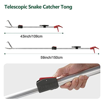 Snake Catcher Tongs Grabber Rattle Heavy Duty | with 43 inch to 59 inch Telescopic Pole