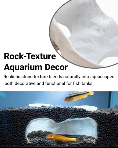 Dual-Entrance Rock-Texture Cave – Fish Tank Shelter & Aquarium Decor with 2 Tunnels, 6×3.4×2.3in (White) - color: White