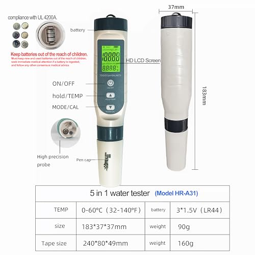 5-in-1 Water Quality Tester Pen Meter for Pools, Drinking Water, Aquariums, Hydroponic & Cooking - Measures PH, TDS, EC, Salinity & Temp with ATC Function - style: 5-in-1 liquid tester PH/TDS/EC/Salinity/Temp