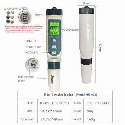 5-in-1 Water Quality Tester Pen Meter for Pools, Drinking Water, Aquariums, Hydroponic & Cooking - Measures PH, TDS, EC, Salinity & Temp with ATC Function - style: 5-in-1 liquid tester PH/TDS/EC/Salinity/Temp