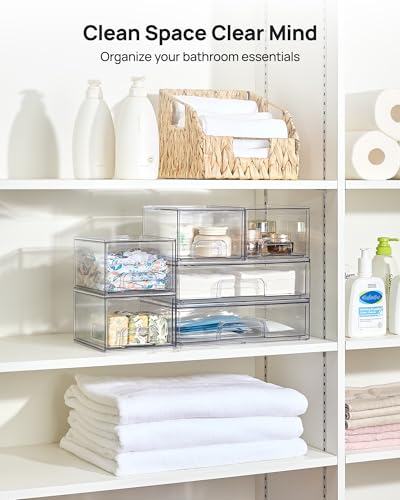 Vtopmart Clear Stackable Storage Drawers Set of 5, Plastic Organizer Bins for Makeup, Cosmetics, Beauty Supplies,Ideal for Vanity, Bathroom,Cabinet,Pantry Organization - style: 2 Small+3 Wide