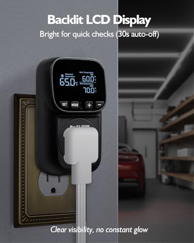 Temperature Controlled Outlet, Heating Cooling Thermostat Outlet | -40℉~210℉, Heavy Duty 15A 1800W Plug in Thermostat with LCD Display, Temperature Controller for Greenhouse Incubator Homebrew - style: Black