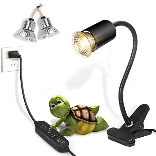 Timed Reptile Heat Lamp with Clamp, Adjustable UVA/UVB Basking Light, 360° Rotatable Clip and Power Adapter for Aquarium (Bulb Included) - color: Black