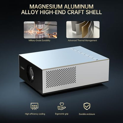 XIDU 1080P HD Portable Projector, Silver Metal Home Theater Projector | Ideal for bedroom, living room, compatible with HDMI USB, mobile phones and laptops