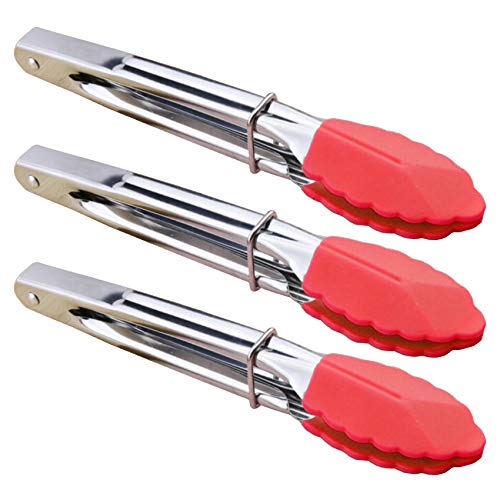 HINMAY Small Tongs with Silicone Tips 7 Inch Kitchen Tongs, Set of 3 (Red) - color: Red