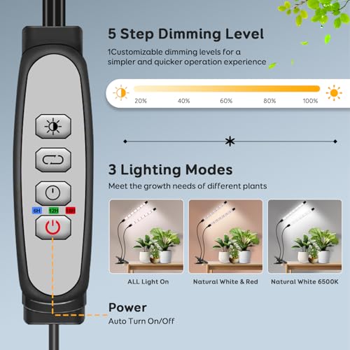 SDOVUERC Full Spectrum Grow Lights for Indoor Plants, Dual-Head Plant Lamps with Clips and 5 Dimmable Level and 6/12/18H Timer for Indoor Plant Growing. - size: 2 Heads