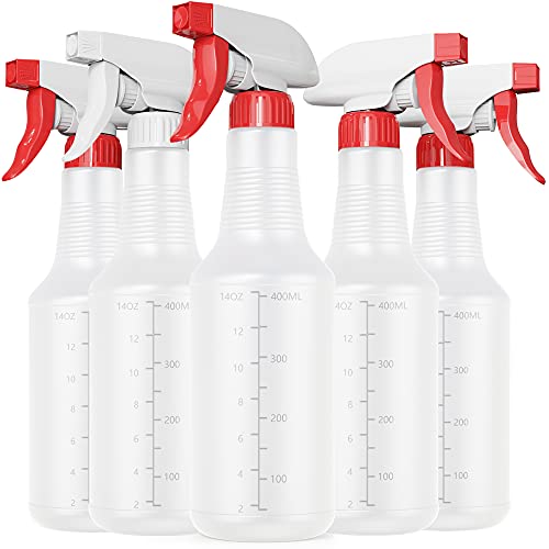Veco Spray Bottle (5 Pack,16 Oz) with Measurements and Adjustable Nozzle(Mist & Stream Mode), HDPE Plastic Spray Bottles for Cleaning Solution, Household/Commercial/Industrial Use, No Leak and Clog - size: 16 oz 5Pack
