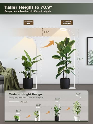 Tall Plant Grow Light for Indoor Plants, Full Spectrum Plant Light | 24W LED Grow Lamp with Single Heads, 23.5-71" Adjustable Height, 3/9/12/16H Timer, 6-Level Dimming for Large Houseplants - color: White