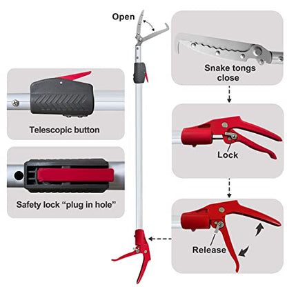 3.7-5 FT Snake Grabber Telescopic with Hooks, Rattle Snake Catcher Tool, Long Handle Reptile Wide Jaw Tongs
