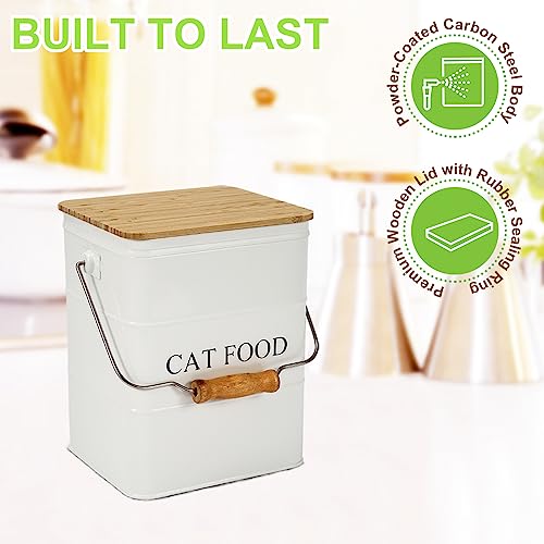 Cat Food storage container Cat Treats Jar,5~6 lb Metal food treats tin for Cat, pet snacks Canisters with wooden lid/handle/sevice scoop-White - color: Cat-White