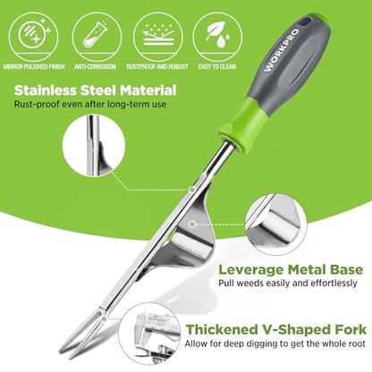 WORKPRO Weed Puller Tool, Metal Leverage Base and V-Shaped Forks | Heavy Duty Stainless Steel with Soft Handle for Easy Weed Removal and Deeper Root Digging, Manual Hand Weeder for Gardening