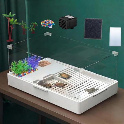 Large Turtle Tank with Water Pump | 23.6 Inch Clear Acrylic Aquarium Habitat with Basking Platform, Easy-Clean Design for Small Reptiles - size: Large Tank + Pump