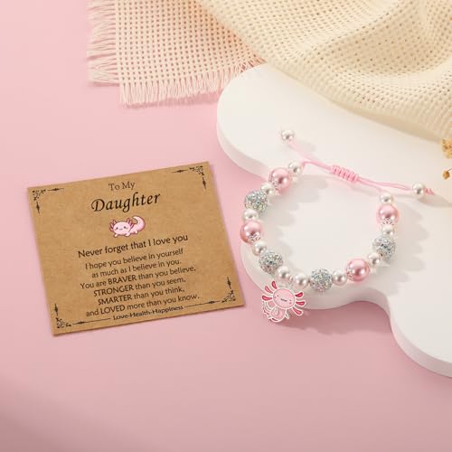 Axolotl/Horse Bracelet Gifts for Girls Kids, Charm Pearl Bead Bracelet Cute Stuff Birthday Jewelry for Daughter Granddaughter Teens - style: Axolotl-Daughter
