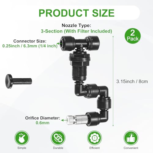 M METERXITY 2-Pack Reptile Mister Nozzles, 0.6mm Pore Stainless Steel 1/4" Reptile Misting Spray Nozzle with Filter Plug for Terrarium/Vivarium, 360 Degree Adjustable Nozzle [Black]