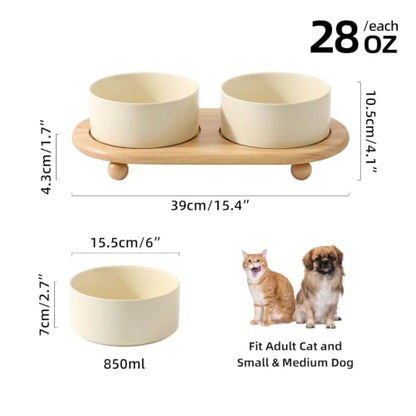 Havniva Raised Cat Bowl, 6.1” Elevated Ceramic Cat Food and Water Bowl Set | Cat Bowls Elevated, Whisker Friendly Cat Bowl, Non-Slip Wood Stand, Food-Grade Ceramic, Wide Opening, Dishwasher Safe - color: Light Yellow, size: 2 Bowls+Tray - 6.1"
