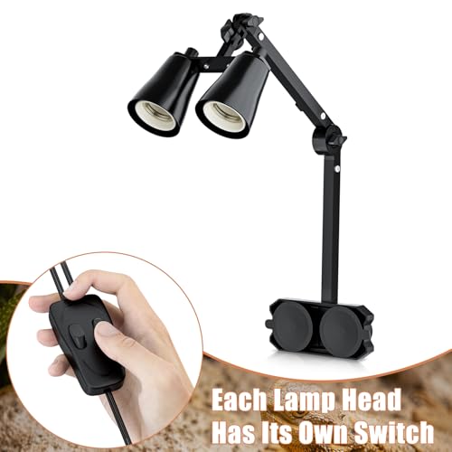 Dual Reptile Lamp Stand with Suction Cups, Adjustable Bracket for Terrariums, Dual‑Head Heat & Basking Lamp Holder with Ceramic Sockets and Separate Switches - size: Vertical Pole Style