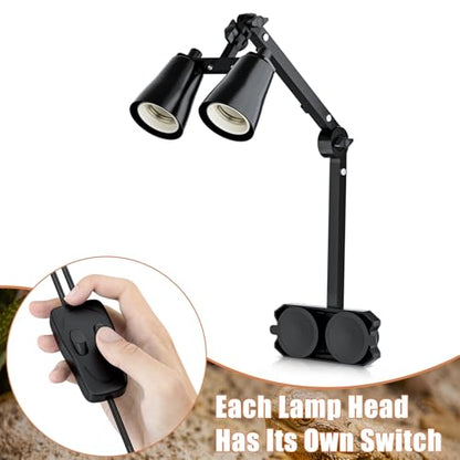 Dual Reptile Lamp Stand with Suction Cups, Adjustable Bracket for Terrariums, Dual‑Head Heat & Basking Lamp Holder with Ceramic Sockets and Separate Switches - size: Vertical Pole Style